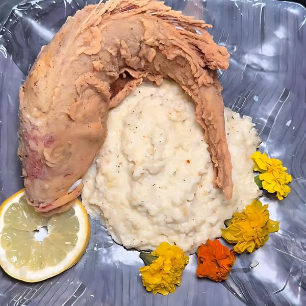 Fried catfish tail with creamy grits, a lemon slice, and yellow and orange edible flowers.